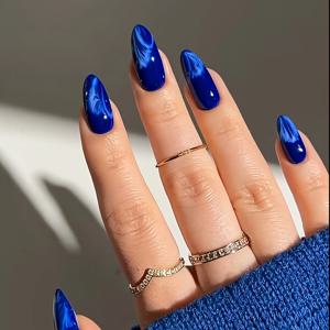 TEMU 24개 중간 크기 아몬드 모양 파란색 인조 손톱 - 튼튼한 여성용 인조 네일, 스타일리시한 아크릴 풀 커버 네일 팁, 살롱 퀄리티 매니큐어, 손상 없음 및 간편한 부착, 재사용 가능