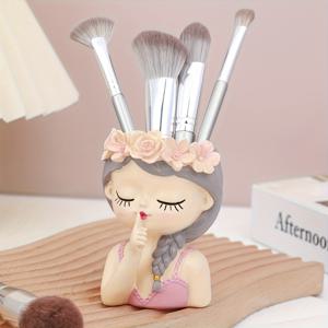 TEMU 1개 요정 디자인 회전 메이크업 브러쉬 홀더 | 눈썹 연필 및 브러쉬용 방진 원통, 화장대에 적합 - 펜 홀더 또는 꽃병으로도 사용 가능, 레진 재질, 바니시 처리된 끝