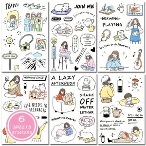 TEMU 아름다운 수채화 스타일의 만화 콜라주 캐릭터가 특징인 다이컷 필름 스티커 6장. 플래너, 노트북, 휴대폰 케이스 및 창의적인 장식에 완벽합니다.