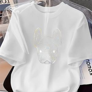 TEMU Quanquan 여성용 패션 프린팅 티셔츠, 방향성 베이스, 부드럽고 활용도 높음. 초록색 바탕에 프렌치 불독 라인 아트 프린트가 특징이며, 부드러움과 편안함을 제공합니다. 이 반팔 프린팅 티는 캐주얼웨어에 적합하며 사계절용 스타일리시한 상의로 활용 가능합니다