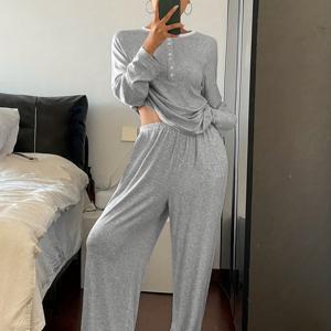 TEMU 봄가을 긴팔 팬츠 루즈핏 심플 솔리드 컬러 레이지 스타일 투피스 홈웨어