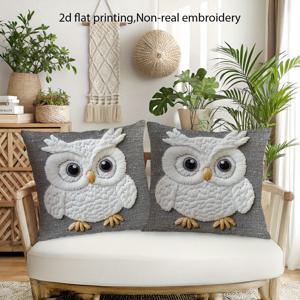 TEMU 2D 플랫 - 2개, 2D 단면 인쇄, 정품 아님 자수 디자인, 지퍼 달린 귀여운 흰색 올빼미 베개 커버 - 거실, 파티오, 소파 장식에 적합 - (삽입물 미포함)