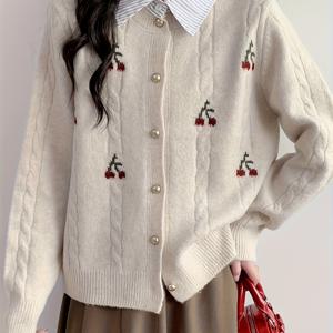 TEMU 가을 겨울 일본 한국 스타일 우아한 고급 캐주얼 출근용 체리 자수 케이블 스플라이스 셔츠 칼라 소프트 가디건 탑 코트
