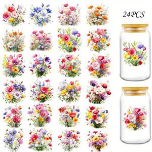 TEMU 커피 컵용 24개들이 멋진 야생화 유리병 랩 스티커 세트, UV DTF 하이 셀프 랩 특징. 이 스티커는 16Oz 머그를 장식하는 데 적합합니다.
