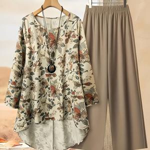 TEMU 여성용 2피스 우아한 식물 프린트 블라우스 & 팬츠 세트 - 라운드넥 긴소매 매칭 의상, 세탁기 사용 가능 - 프로페셔널 복장, 특별한 날을 위한 2피스 앙상블