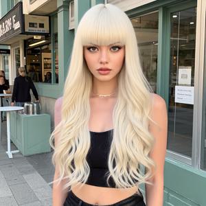 TEMU 롱 웨이비 블론드 가발 (앞머리 포함) - 26인치 여성용 두꺼운 부드러운 합성 헤어 리플레이스먼트 가발, 자연스러운 데일리 코스프레 파티 할로윈용