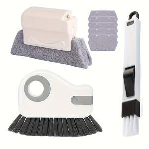 TEMU 8피스 다기능 문과 창문 트랙 청소 브러쉬 세트, 1개의 틈새 브러쉬와 쓰레받기, 2개의 트랙 브러쉬, 5개의 교체용 패드 포함—가정, 거실, 침실 사용에 적합—재사용 가능한 도구 키트, 백투스쿨 용품으로 훌륭한 선택. 브러쉬 색상은 랜덤