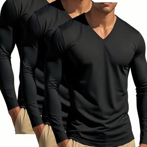 TEMU 3팩 남성용 솔리드 컬러 V넥 긴팔 티셔츠 - 빠른 건조 고탄력 폴리에스터 운동복, 헬스, 러닝, 겨울 트레이닝용 - 세탁기 사용 가능 솔리드 컬러 (3팩)