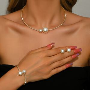 TEMU 브라이덜 파티를 위한 우아하고 스타일리시한 조절 가능한 모조 진주 참 목걸이, 귀걸이 및 팔찌 세트