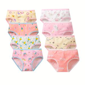 TEMU 8팩 여아용 부드럽고 통기성 좋은 삼각 팬티 - 귀여운 노쇼 키즈 언더웨어, 아동용 피부 친화적인 데일리 착용, 사계절용 (미드라이즈)