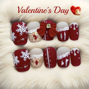 TEMU 데이 선물 10개입 핸드메이드 프레스온네일 숏 스퀘어형 벨벳 리본 3D 눈꽃 레드 버건디 화이트 디자인 재사용 가능한 젤 스티커 2026 신년 선물 아이디어 벨벳 네일 봄 여름 시즌