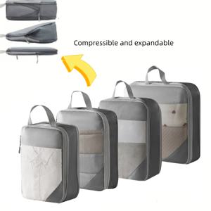 TEMU 패셔너블 여행용 압축 패킹 정리함 4개 세트, 메쉬 투시창 포함, 의류, 신발, 속옷용 대용량 가방. 출장, 여행, 수하물, 의류, 속옷, 양말, 화장품, 세면도구 등 보관에 적합. 내구성 있는 폴리에스터 섬유 소재, 매끄러운 무지 디자인, 직선형 바퀴 디자인. 다기능, 경량, 휴대가 간편함