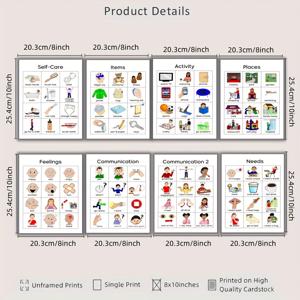 TEMU 8개 세트 증강 대체 의사소통 (AAC) 시각적 보조 도구 - 비언어적 의사소통 차트 (자기 관리, 감정, 필요, 물건, 행동, 장소, 감정, 일상 루틴) - 자폐증, ADHD, 다운 증후군, 언어 지연 증상 치료용 - 교실, 가정, 인테리어용 - PECS, 그림 의사소통 기호 (PCS) 호환 - 종이 보드, 2D 평면, 방 장식에 완벽