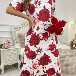 TEMU 여성용 우아한 반팔 나이트가운 - 플로럴 프린트 슬립 드레스, 탄력 있는 라운드 넥 & 반팔, 사계절 세탁 가능한 원피스 파자마 드레스, 라운지 & 침대용 - 부드럽고 통기성 좋은 가운