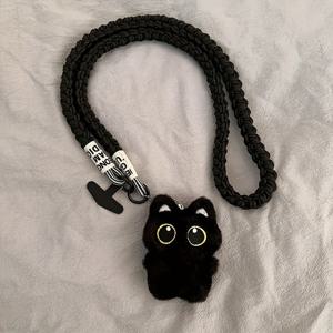 TEMU 트렌디한 브랜드 인기 큰 눈의 올블랙 고양이 플러시 폰 케이스 1개, 목걸이 스트랩, 크로스백 스트랩, 숄더 스트랩 포함, 외출용, CCD 카메라용, 여성용