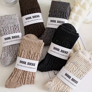 TEMU 여성용 꼬인 울 양말 6켤레, 중목 발목까지 덮는 두꺼운 보온 플러시 수면 양말, 봄 가을 겨울용, 겨울용 긴 슬라우치 양말