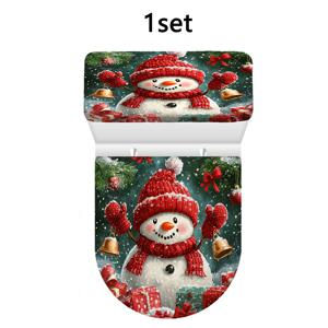 TEMU 겨울 크리스마스 눈사람 세 개의 종 프린트 변기 커버 1세트, 장식용 변기 물통 커버 및 변기 뚜껑 커버 세트, Y섬유 원단 변기 물통 커버, 신축성 있는 가장자리 변기 커버 세트, 신축성 있는 변기 시트 및 물통 뚜껑 커버, 부드러운, 욕실 세트용 변기 액세서리 홈 데코에 적합
