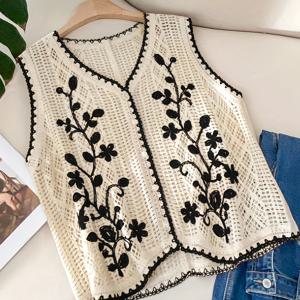 TEMU 우아한 여성용 민소매 V넥 조끼 - 세련된 기하학적 크로셰 패턴, 가벼운 아크릴 소재, 반투명 버튼 프론트, 봄/가을 캐주얼 웨어, 손세탁 전용