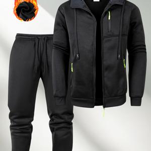 TEMU 2개 세트, 남성용 신상 가을/겨울 캐주얼 스포츠웨어 콤보, 드로스트링 허리 포켓 조거 팬츠, 지퍼업 대비 후드 재킷, 러닝 아웃도어 트레이닝 하이킹 따뜻하고 편안한 의상, 원사 혼방 소재, 다양한 색상 제공