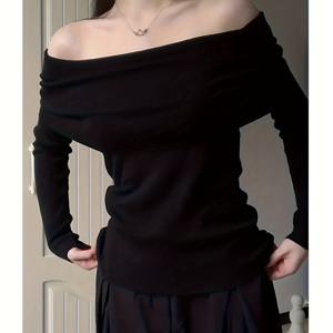 TEMU 여성용 새로운 단색 오프숄더 긴팔 탑, 2025년 봄/가을에 어울리는 섹시한 디자인