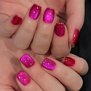 TEMU 30개입 드래곤프루트 캣아이 숏스퀘어 프레스온 네일, 퍼플 레드 접착식 아크릴 젤 인조 스티커 팁 여성용