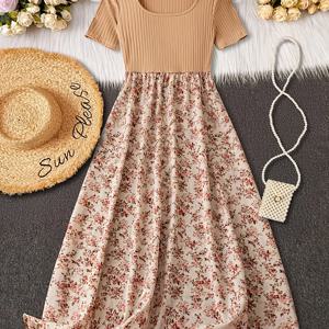 TEMU 여성 빈티지 플로럴 프린트 A라인 드레스 - & 브라운 플로럴 패턴, 세탁기 사용 가능, 포멀 & , 여성용 우아한 오피스룩부터 파티룩까지, 플로럴 프린트 드레스, 여름 패션, 레트로 스타일, 통기성 원단