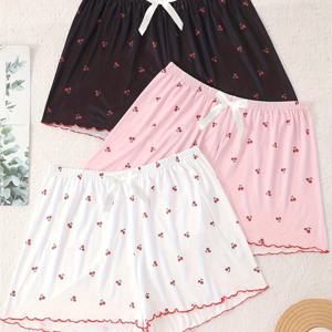 TEMU 신상품: 귀여운 작은 체리 프린트 반바지 3팩 - 새로운 여성용 반바지 파자마 세트