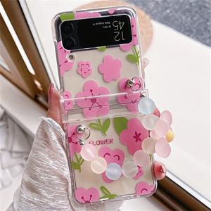 TEMU 폰 케이스: 풀 스크린 컬러풀 플라워 투명 폰 케이스 + 캔디 컬러 비즈 체인, 삼성 갤럭시 Z 플립7/플립6/5/4/3용, 스타일리시하고 사랑스러운 플로럴 폴딩 방탄 백커버