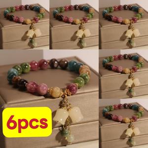 TEMU 6개입 멀티컬러 천연석 비즈 팔찌, 플로럴 펜던트, 스타일, 광택 처리된 그린, 블루, 브라운, 핑크 비즈, 골든 벨 참, 그녀를 위한 완벽한 선물