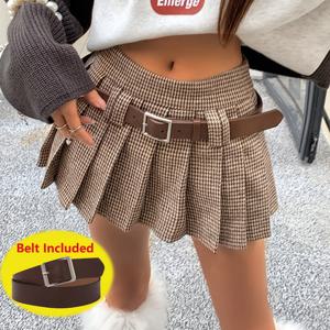 TEMU 여성용 하이웨이스트 A라인 플리츠 스커트 (브라운 벨트 포함) - 빈티지 하운드페이브 패턴, 숏컷 디자인, 가을/겨울에 적합, 캐주얼 및 포멀한 모든 행사에 적합