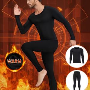 TEMU 남성용 Deren 벨벳 보온 내의 2개 세트, 편안하고 따뜻한 겨울용 블랙 베이스 레이어, 안감 처리 및 도톰함, 가을 긴팔 기저귀속옷과 팬티