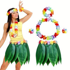 TEMU 하와이안 루아우 코스튬 5종 세트, 잔디 치마와 드레스 포함 - 히비스커스 꽃, 레이, 하와이안 숫자 8 모양 액세서리가 있는 완전한 파티 의상, 성인용 - 남성 및 여성용 - 테마 생일, 루아우 파티 코스튬
