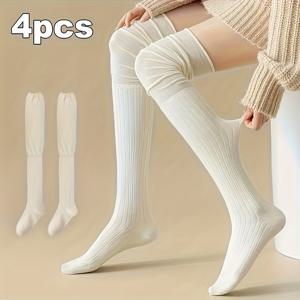 TEMU 여성용 오버니 슬라우치 양말 4개 세트, 봄/가을용 롱 패치워크 양말, 부츠와 함께 신는 아웃도어 캐주얼웨어용 활용도 높은 종아리 양말