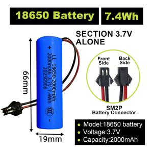TEMU 리튬 이온 배터리 - 18650 - 2000mAh - 3.7V - 7.4V - 시리즈 연결 - MS2P 날개형 터미널 - LED 라이트 스트립, 리모컨 모델, 전자 장난감에 적합