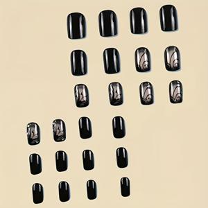 TEMU 블랙 프레스온 네일 숏 스퀘어 인조네일 블랙 바인 아크릴 네일 풀커버 광택 네일 프레스온 숏 네일 가을 겨울 여성용 인조네일 - 24개입