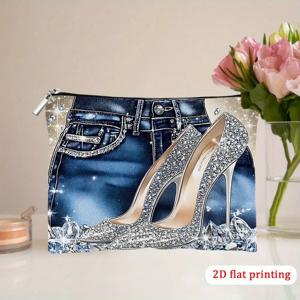 TEMU 2D 플랫, 1개 힐&진 디자인 화장품 파우치 - 프린팅 경량 메이크업 파우치 지퍼 클로저, 여성용 여행 화장품 정리함, 캐주얼 시크 핸드워시 가능, 일상 필수품, 트렌디, 크리스마스와 할로윈 장식 또는 선물, 2D 플랫