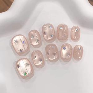 TEMU 10개입 짧은 사각형 별빛 하늘 단색 고양이 눈 핑크 네일, 데일리 및 축제용으로 적합, 재사용 가능한 프레스온 네일, 여성용으로 디자인, 젤리 글루 1개, 파일 1개, 스틱 1개 포함 (글루 미포함)