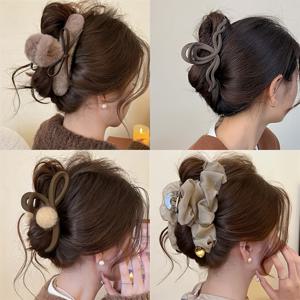 TEMU 가을, 겨울을 위한 고급스러운 헤어 액세서리 4종 세트. 대형 헤어 클립, 상어 클립 헤어밴드가 특징이며, 풍성한 헤어스타일과 우아한 번 스타일을 연출하도록 디자인되었습니다.