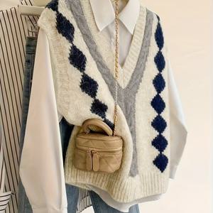 TEMU 한국 스타일 프ェッピー 레이어드 마름모 V넥 조끼, 레이지 루즈핏 아우터웨어, 민소매 스웨터, Gavin