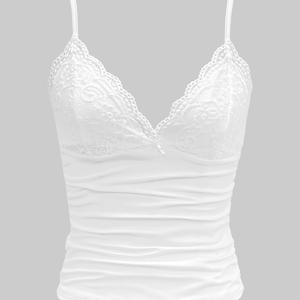 TEMU 여성용 프렌치 스타일 레이스 패치워크 V넥 캐미솔, 리본 장식, 여유감 있고 다재다능한 오픈 백 크롭 탑