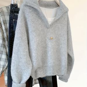 TEMU 2025년 가을/겨울 신상 프로모션 캐주얼 패션 트렌디한 회색 및 핑크색 칼라 풀오버 여성 니트, 프렌치 하이엔드 느낌, 단색 빈티지 게으른 스타일의 부드럽고 포근한 스웨터 탑 (새해 및 발렌타인데이용)