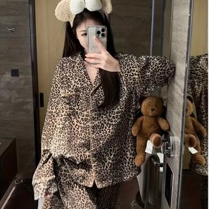 TEMU 2025년 겨울 여성 브라운 프린트 파자마, 봄/가을에 적합, 루즈핏, 빅사이즈, 라펠 가디건 홈웨어 세트, 부드럽고 피부 친화적인 드레이핑 롱 팬츠, 정교한 엣지