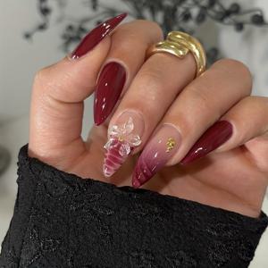 TEMU 버건디 그라데이션 3D 플라워 프레스온 네일 24개입 - 긴 아몬드 모양의 광택 있는 인조 네일, 플로럴 디자인, 봄여름 여성용 우아한 스티크온 네일, 고급스러운 재사용 가능한 네일 세트