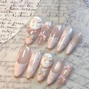 TEMU 10개입 고양이 눈 매듭 핸드메이드 네일 아트, 핑크 프렌치 팁과 리본 장식으로 손톱을 더욱 예쁘게 연출합니다. '아침 티' 또는 테마 파티에 완벽하며, 도구 키트가 함께 제공됩니다.