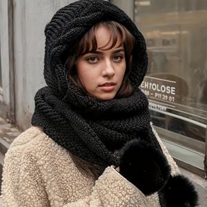 TEMU 한국 스타일 여성용 가을/겨울 다용도 모자 1개, 스카프 내장형, 귀여운 볼 귀덮개형 귀마개가 있는 두꺼운 보온모자