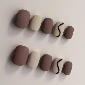 TEMU 10개입 핸드메이드 숏 스퀘어 프레스온 네일 모카 코코아 브라운 크림 화이트 컬러 클래시 매트 기하학적 라인 우아한 디자인 | 여름 봄 사계절 네일 | 네일 키트 풀 세트 네일 테크 용품 웨딩, 파티, 휴가용 빠른 건조 인조 네일