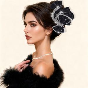 TEMU 가을/겨울 신상 샤이니 라인스톤 리본 벨벳 골든 헤어 클로 클립 1개, 대형 레드 벨벳 리본 크리스마스 헤드피스, 우아한 밀 이삭 디자인, 굵은 머리카락용 대형 헤어 클립, 빅 헤어 스타일링 클립, 데일리웨어 및 크리스마스 파티용