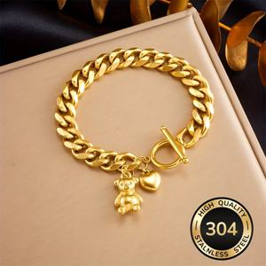TEMU 골든 304 스테인리스 스틸 베어 브레이슬릿 쿠바 체인 귀여운 힙합 데일리 스트리트 매칭 휴일 선물 브레이슬릿
