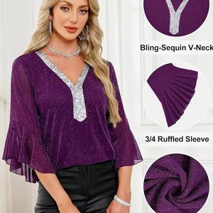 TEMU 여성용 시퀸 V넥 반팔 블라우스 - 우아한 탑, 파티, 웨딩, 오피스 이벤트에 적합한 연중 착용 가능한 특별한 라인 셔츠