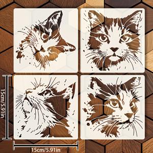 TEMU 4개 (5.91x5.91인치) 다양한 표정의 고양이 얼굴 스텐실 - 귀엽고 생동감 있는 고양이 아트 스텐실, 공예, 파티 장식, 홈 데코, 의류, 나무, 캔버스, 크래프트 스텐실, 장난기 넘치는 디자인, 내구성 있는 스텐실